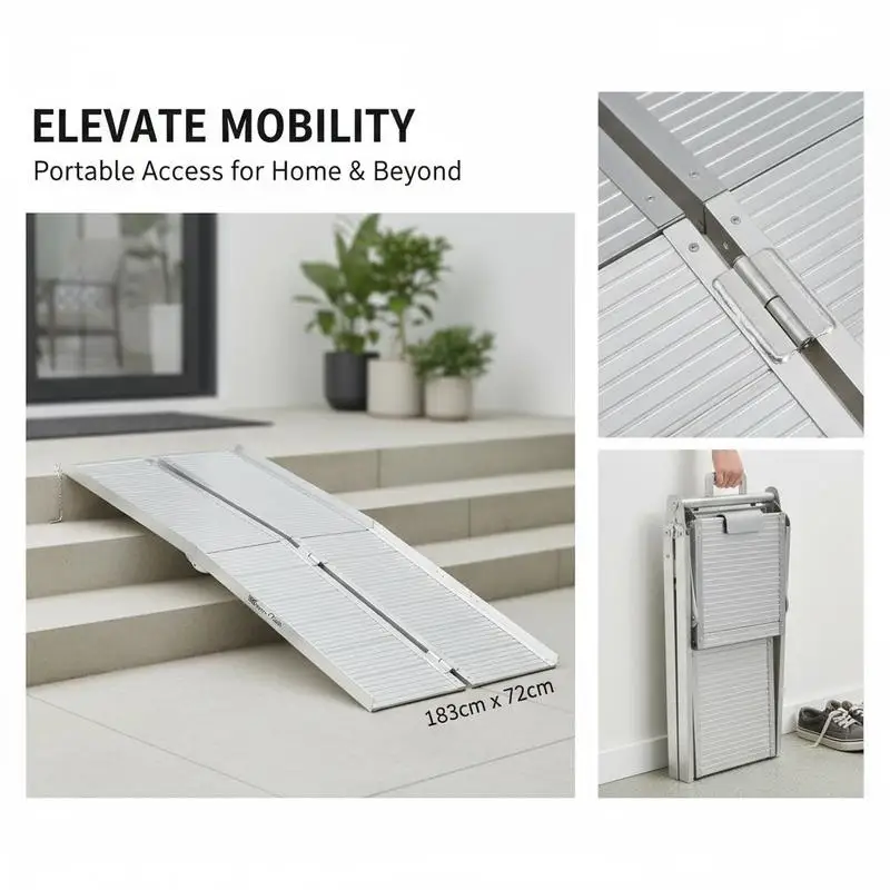 

Textured Aluminum Folding Wheelchair Ramp, 183 x 72 cm Portable Threshold Ramp, for Scooter Steps Home Stairs Doorways