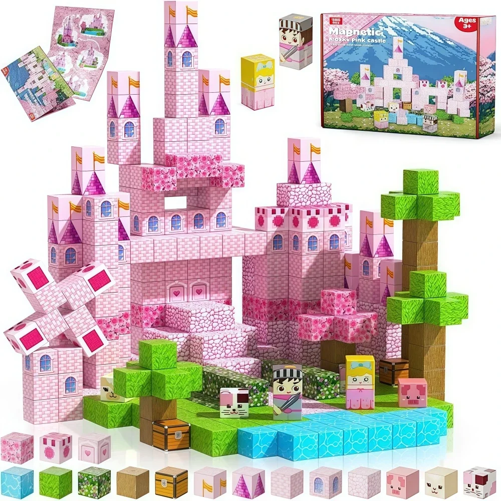 

DIY Magnetic Blocks - Build Pink castle World Set,Christmas Birthday Gifts Toy, suitable for children over 3 years old