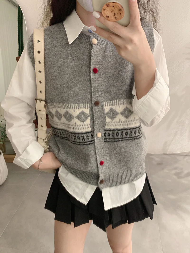 

Korobov корейский осенний повседневный свободный однобортный вязаный кардиган без рукавов с геометрическим принтом топы с круглым вырезом