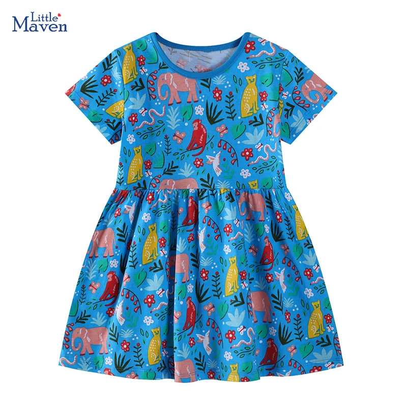 Little Maven 2025 Sommer Neue Kinderkleidung Baby Mädchen Kinderkleidung Cartoon Tiere Kleider 2–7 Jahre