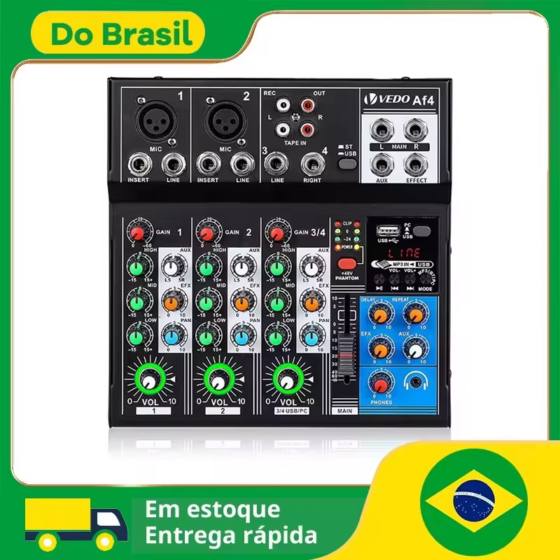 Mesa de Som VEDO AF4 4 Canais com USB, Bluetooth, Phantom 48V e EQ 3 Bandas para Podcast, Live e Karaokê