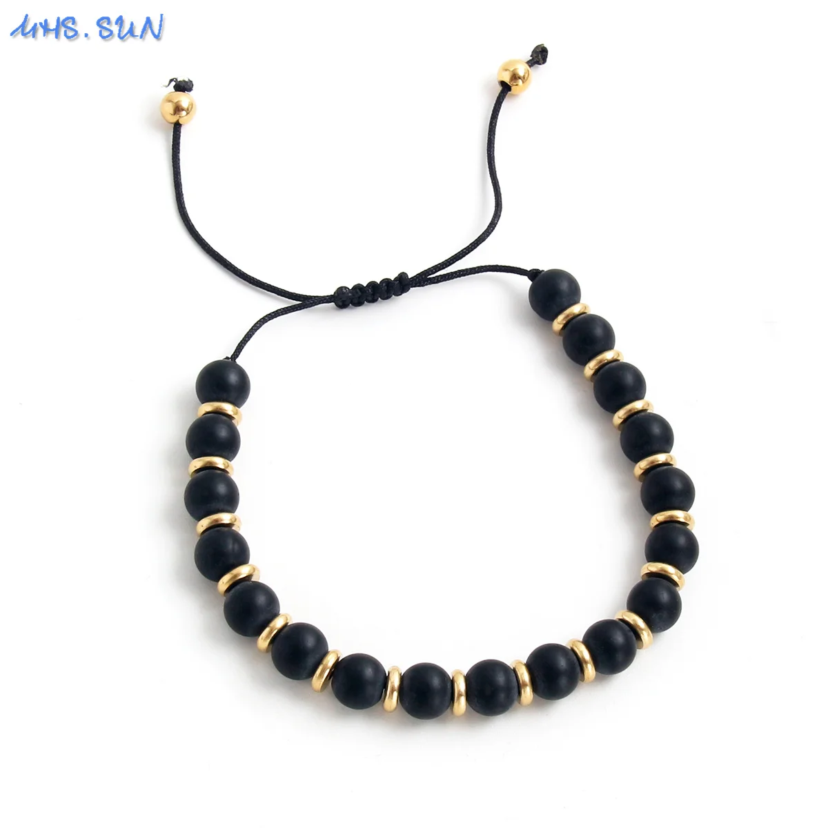 MHS.SUN Classic Black Frosted Stone Beads Bracelets Adjustable Gold Plated Stainless Steel Women Men Anniversary Jewelry