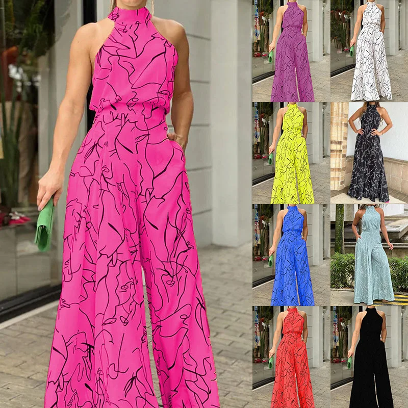 

Spring Summer New Women's Fashion Printed Round Neck Sexy Sleeveless Hanging Neck Slim Fit With Pocket Jumpsuit Pants