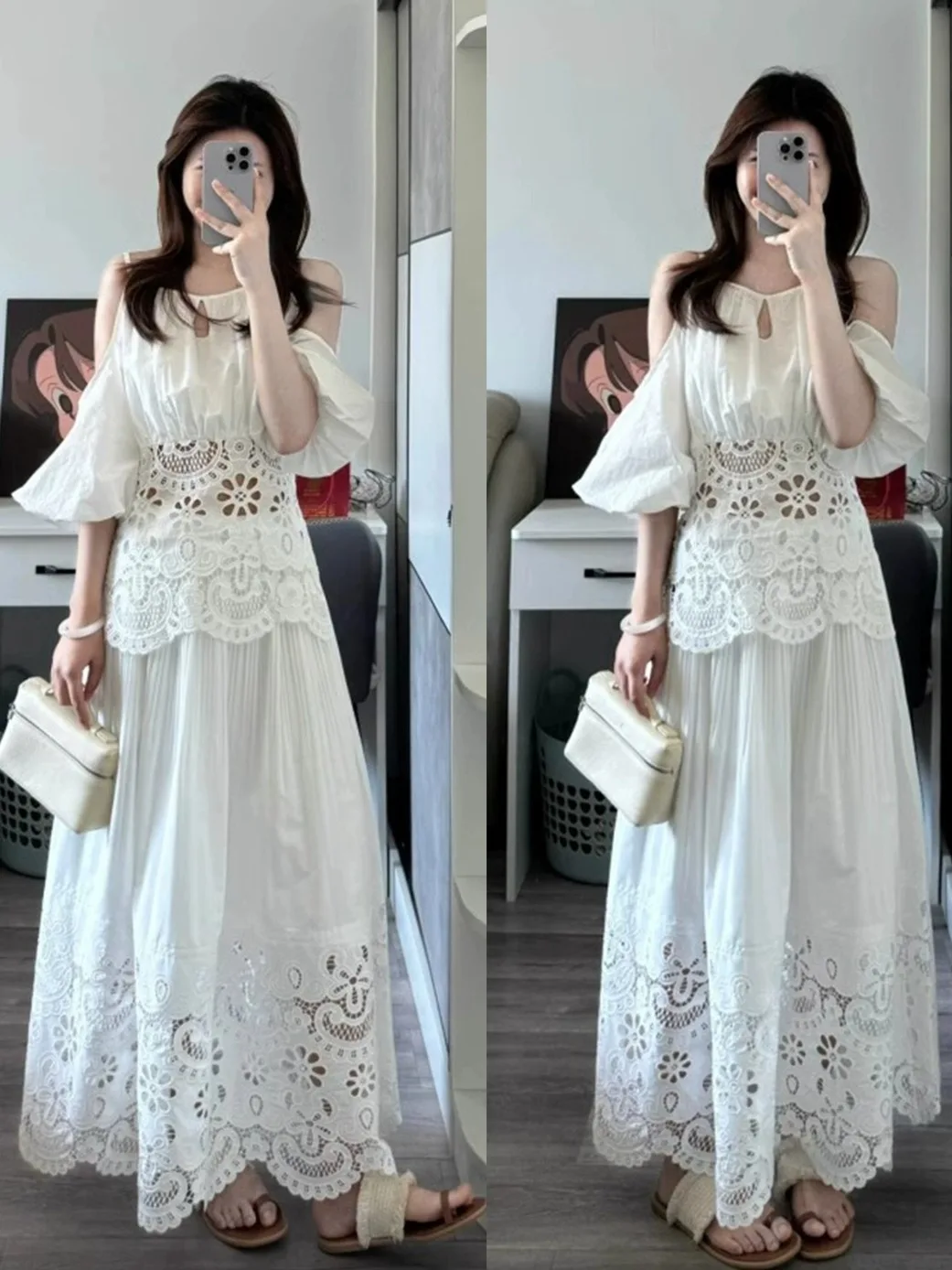 

Summer Faion plus Size Women's oulder Bared Hollow out Skirt Dr Set Floral Hook Design ort Sve round Ne Dr