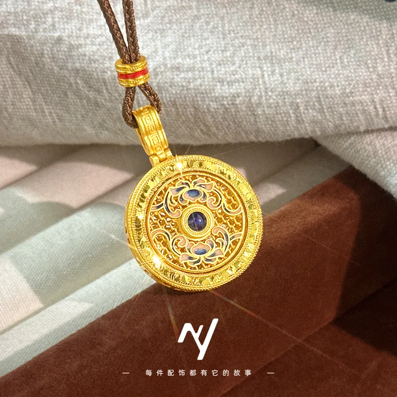 9999 24K real gold crushed ice rotating blue and white porcelain compass pendant new high-end women's sweater chain pendant