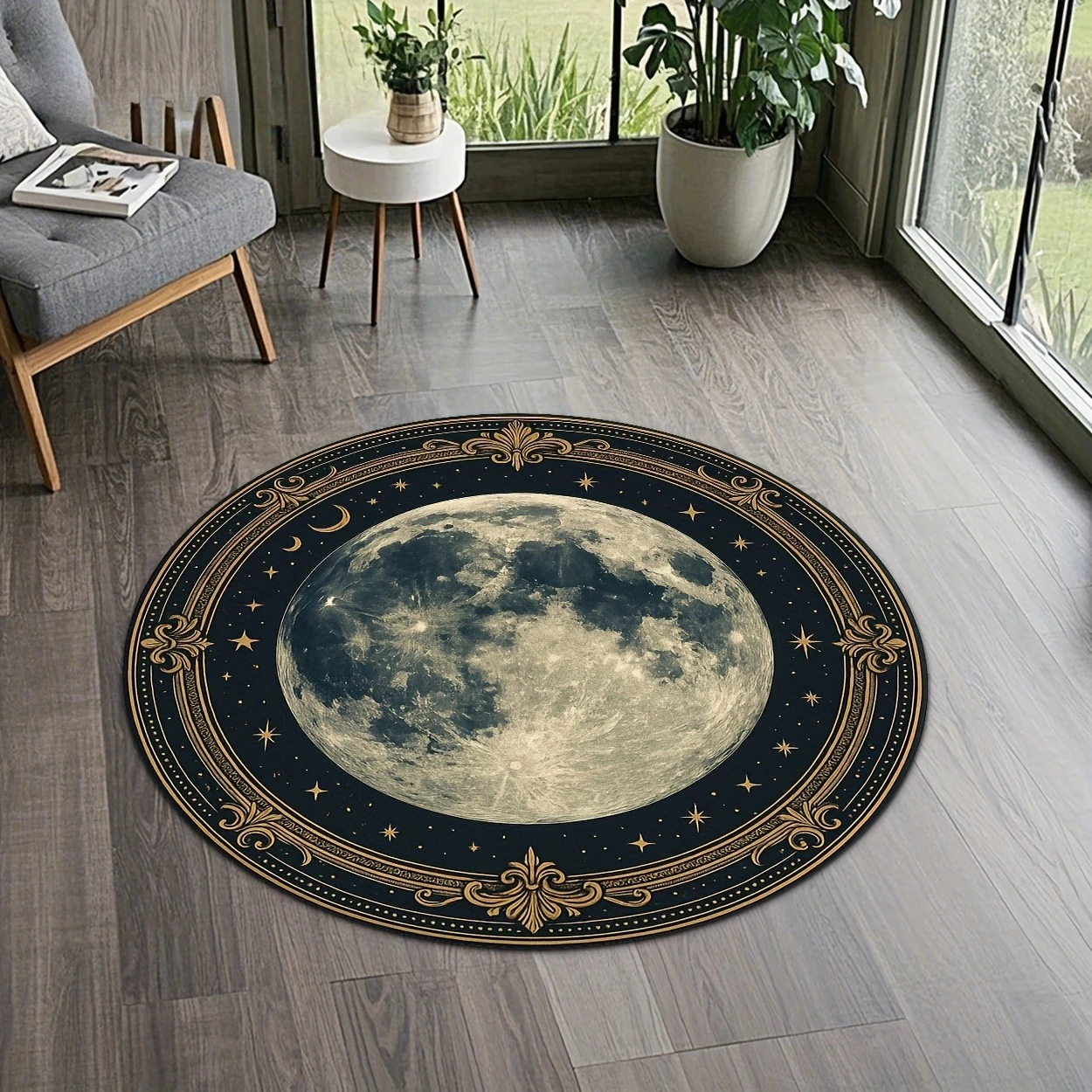 Vintage Golden Full Moon Star Round Rug  Celestial Moon Crescent Ornate Frame Circular Mat Non Slip Witchy Bedroom Chair Carpet