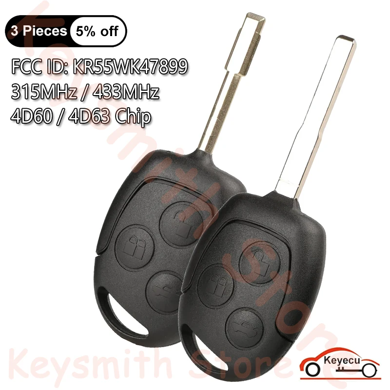 KEYECU 3 Buttons 315MHz 433MHz 4D60 4D63 Chip for Ford Focus Fiesta Fusion C-Max Mondeo Galaxy C-Max S-Max Auto Remote Key Fob