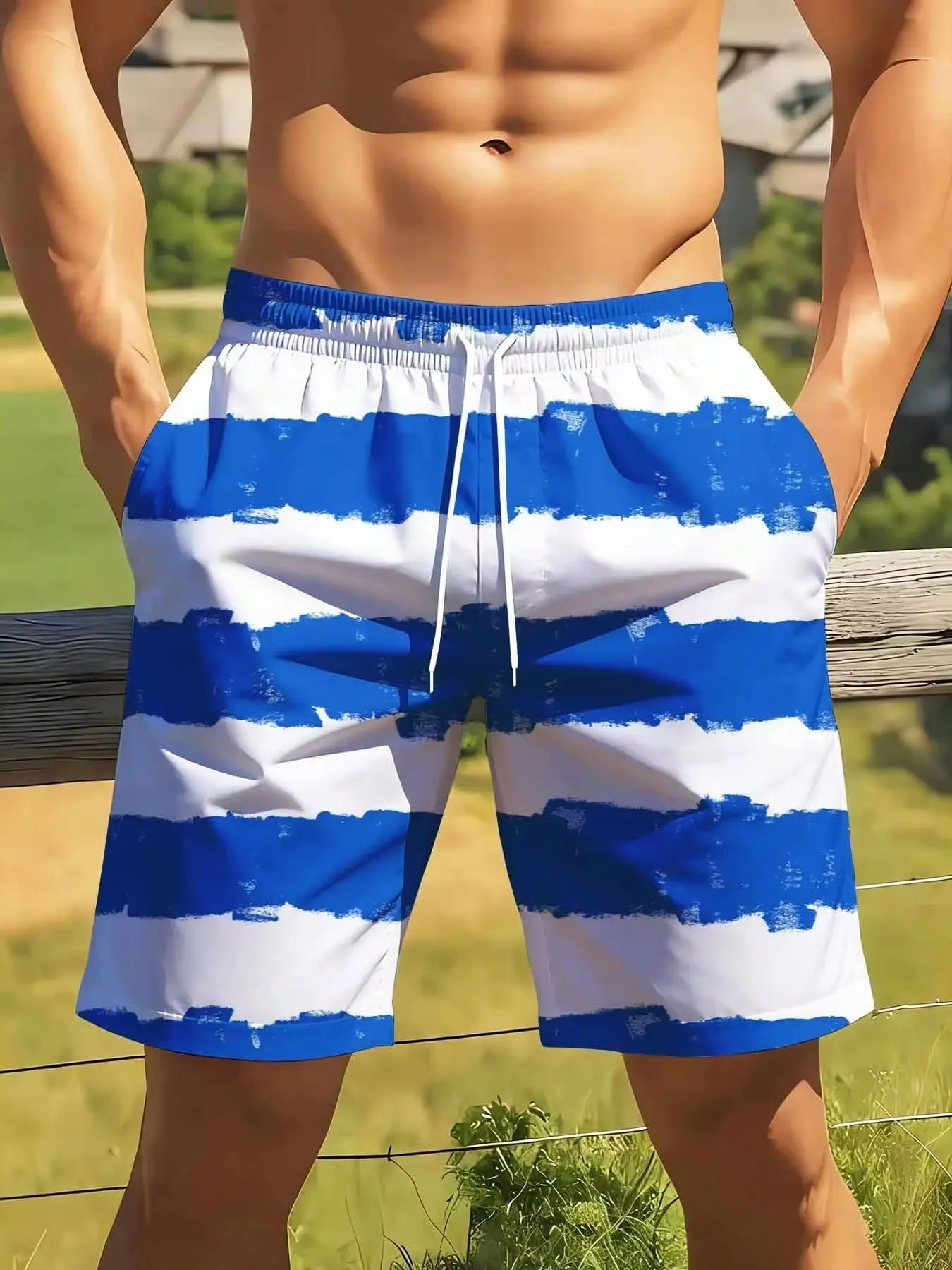 

Men's Blue And White Striped Swim Trunks Quick Dry Beach Shorts For Summer Outdoor Activities