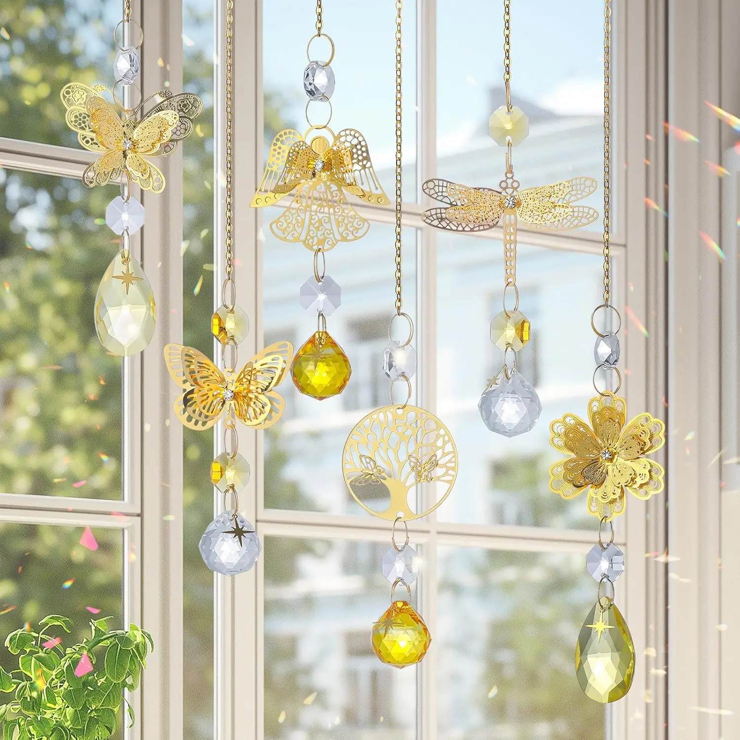 6pcs Yellow Crystal Suncatchers for Window Hanging Ornaments Garden Sun Catchers with Crystals Rainbow Maker Indoor Decor