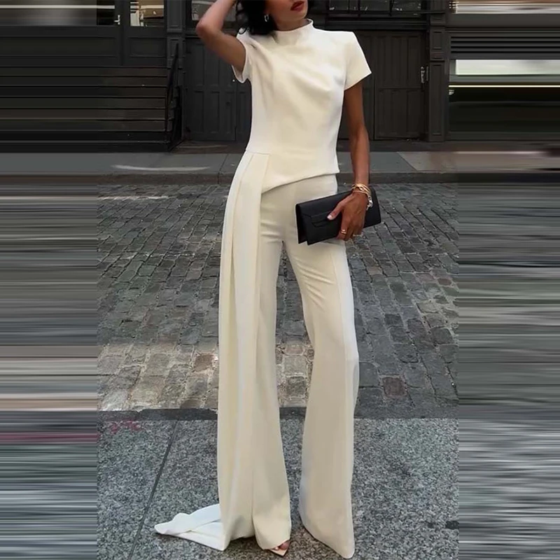 Mode Stehen Kragen Einfarbig Unregelmäßigen Set Casual Kurzarm Pullover & Lange Hose Outfits Frauen Elegante Pendeln 2 Stück anzug