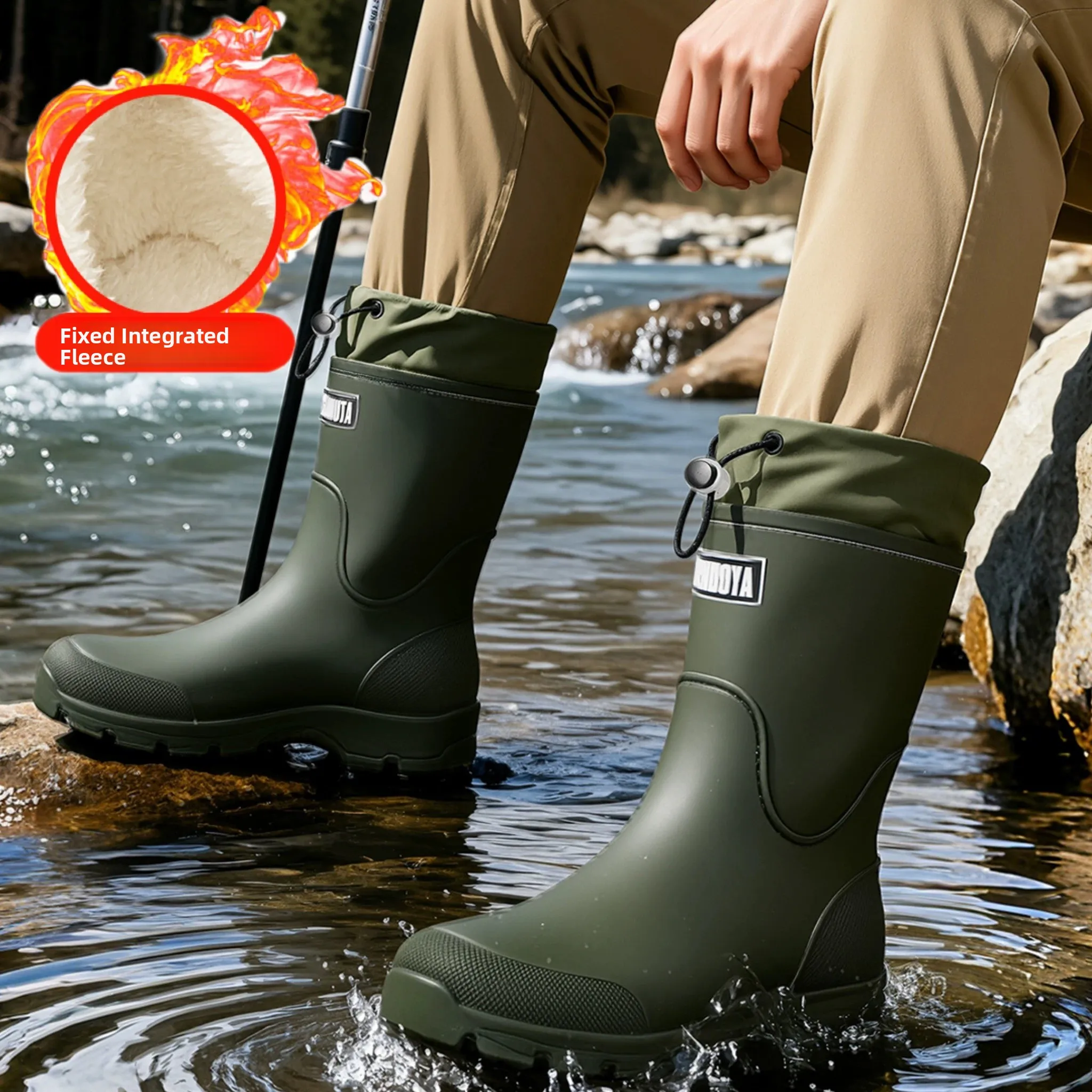 

New 2025 Men's Fce Lined Mid-Calf Rain Boots Anti-Slip Work Boots Winter Hiking Fiing Water oes Lightweight Plastic