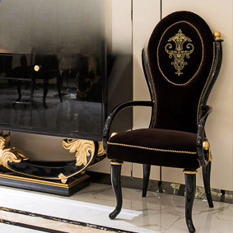 European neo-classical, ebony wood veneer parquet round table, American dining table and chair combination furniture