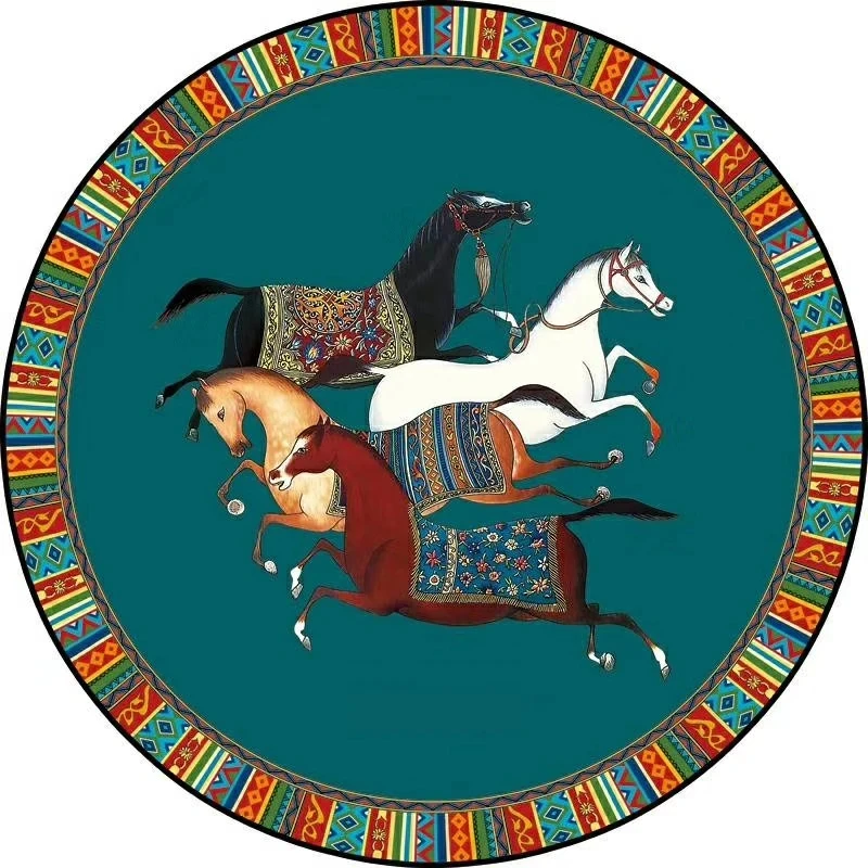 Chinese Style Tiger and Horse Circle Rug Kids Room Decor Carpets Home Living Room Kitchen Round Area Rug Children Teenager Gift