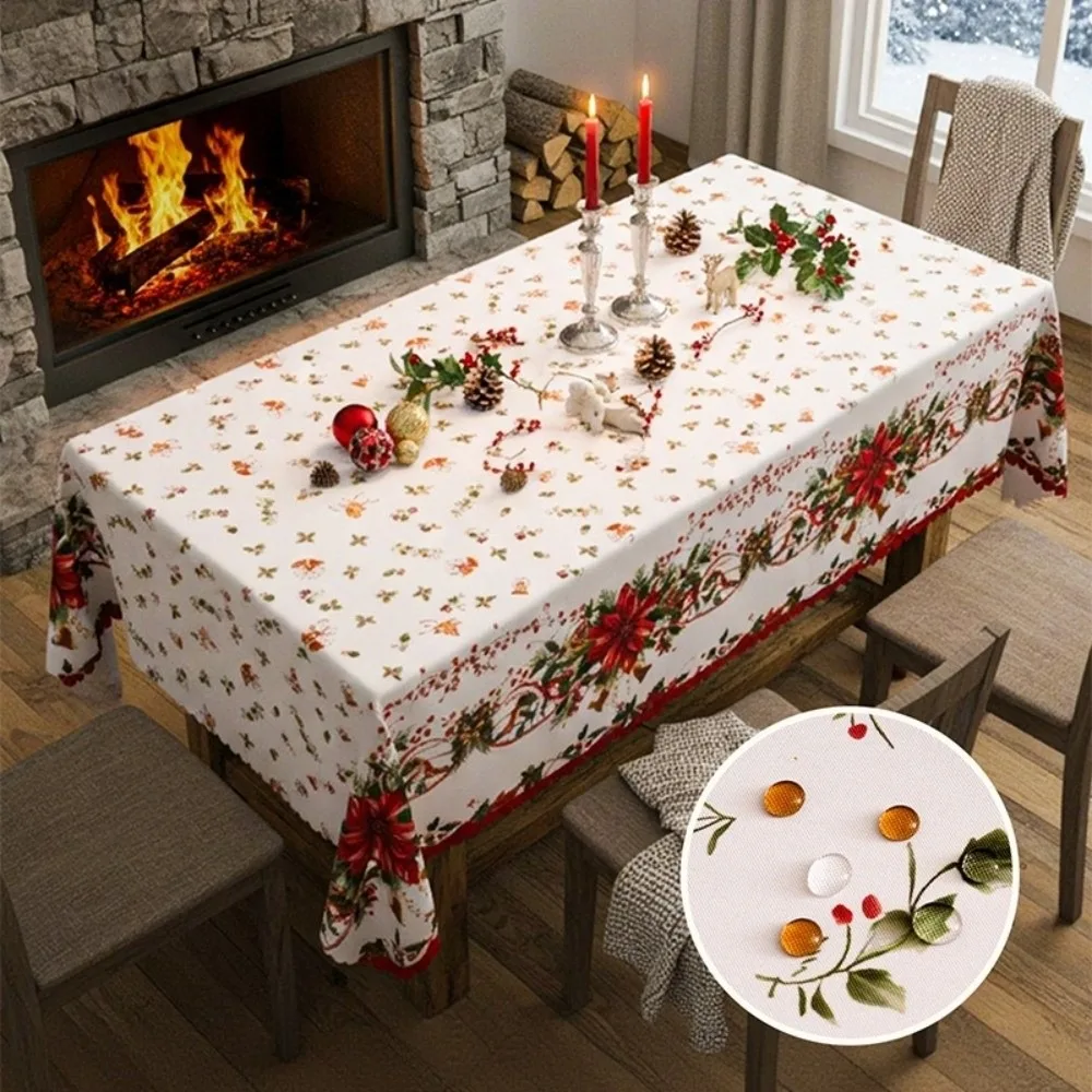 Rectangle Decorative Table Cloth Waterproof Poinsettia Floral Christmas Table Cover Reusable Xmas Tablecloth Festival Props