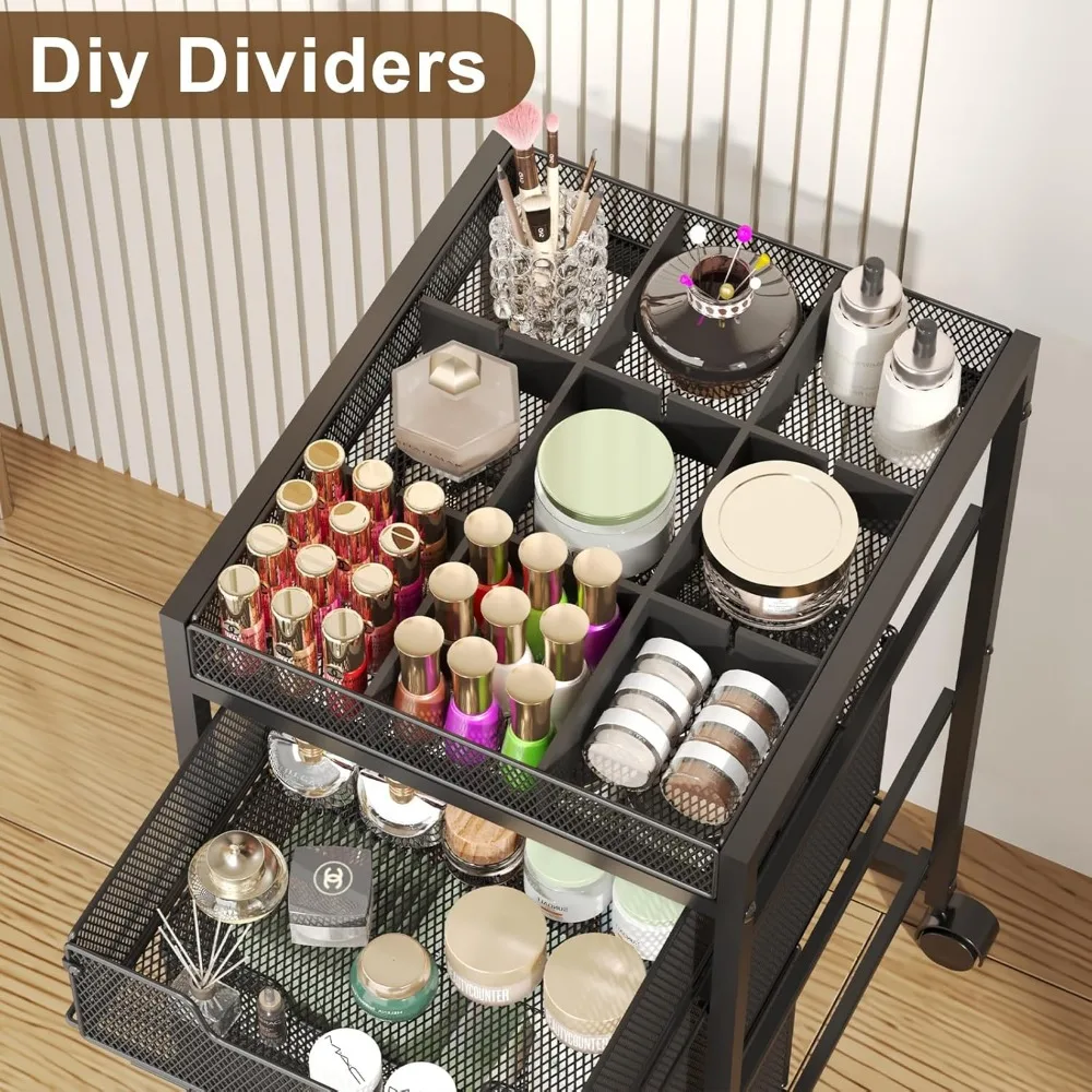 3-Drawer Rolling Makeup Cart with Dividers & Wheels, Versatile Cosmetic Storage Organizer for Beauty Tools, Black