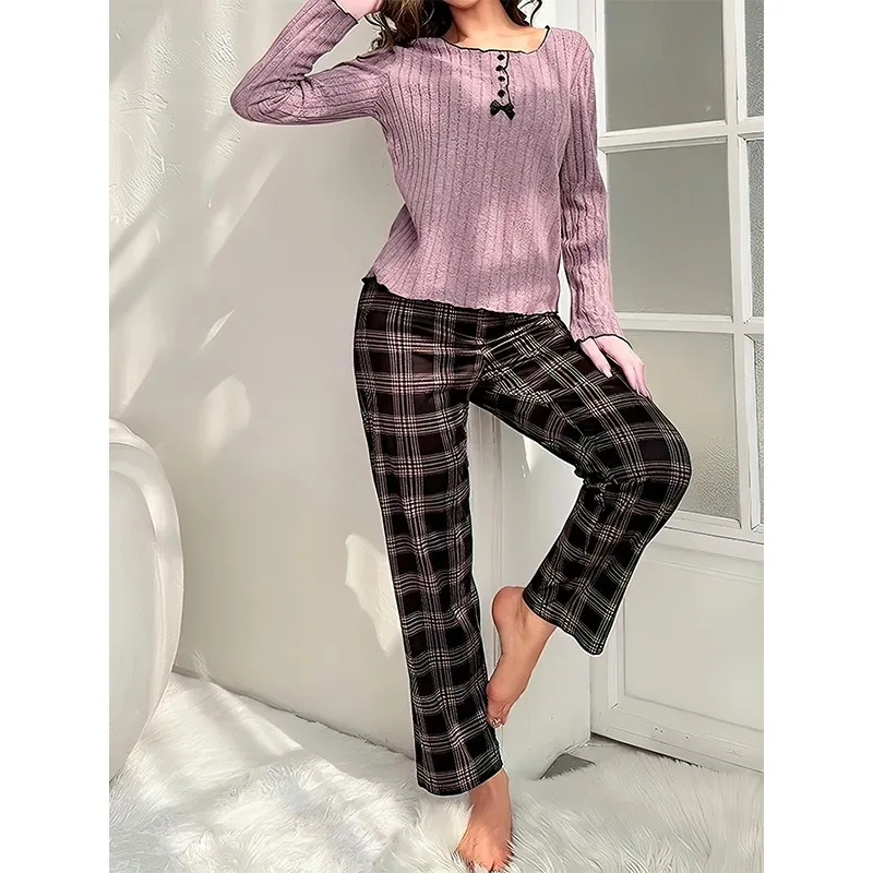 Solid Color Knitted Cotton Splicing Lace V-neck Long-sleeved Trousers Set Women's Pajamas Loungewear Sleepwear Pijamas Female