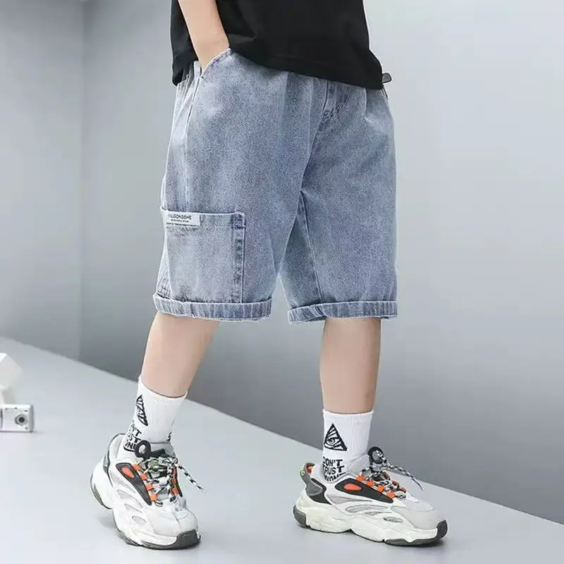Fashion Denim Shorts For Boys Teenager Kids Elastic Waist Cargo Jean Short Pants With Pocket For Children's Age 5-14 Years Old
