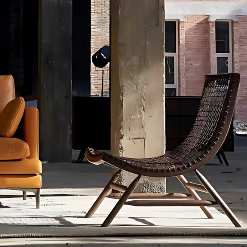 Italian rope woven solid wood leisure chair household lazy recliner retro chair weaving