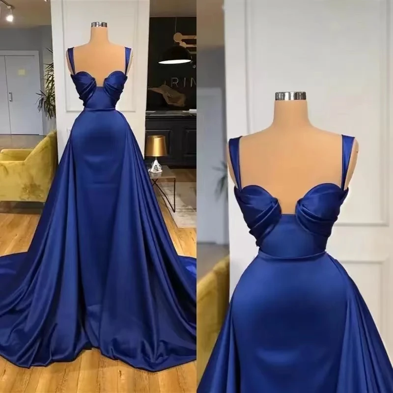 

Elegant Royal Blue Spaghetti Straps Satin Long Prom Dresses 2024 For Women Sweetheart Neck Evening Wedding Party Gown Train