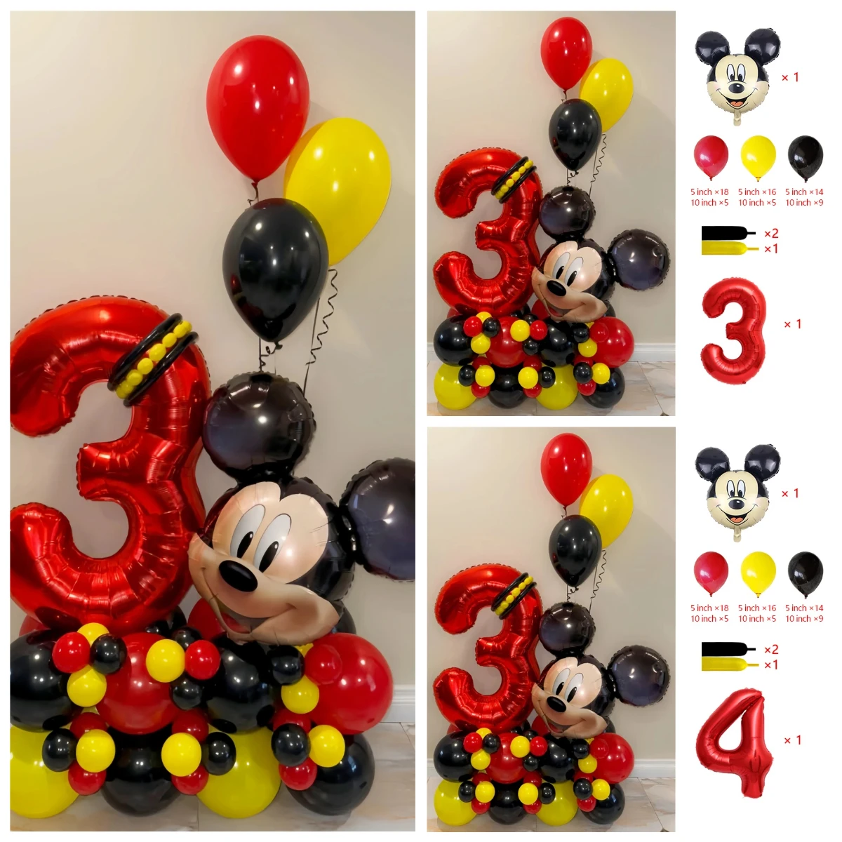 73 Uds. De globos de película de aluminio de Mickey Mouse, conjunto de decoración para fiesta, globo de látex con cabeza de dibujos animados, suministros para fiesta de cumpleaños para niños con número de 32 pulgadas