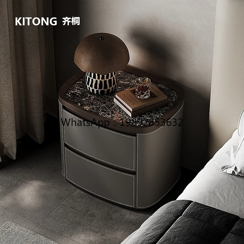 YFY Italian Minimalist Saddle Leather Bedside   Light Luxury Rock Board Bedside Cabinet High-end Storage Cabinet