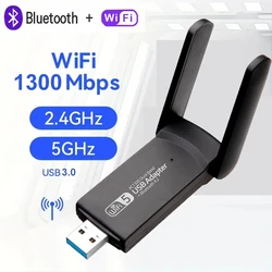 Adaptateur USB 1300 3.0 Mbps, Carte Réseau Sans Fil, Bluetooth, 5 Dongle USB 2.4G/5G, Récepteur WiFi pour PC Portable Windows