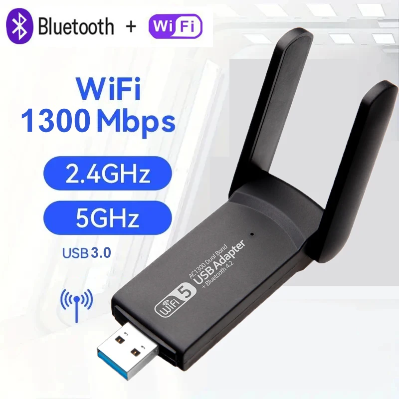 1300Mbps USB 3.0 Adapter Bluetooth Wireless Network Card WiFi 5 USB Dongle 2.4G/5G Dual Band WiFi Receiver For PC Laptop Windows