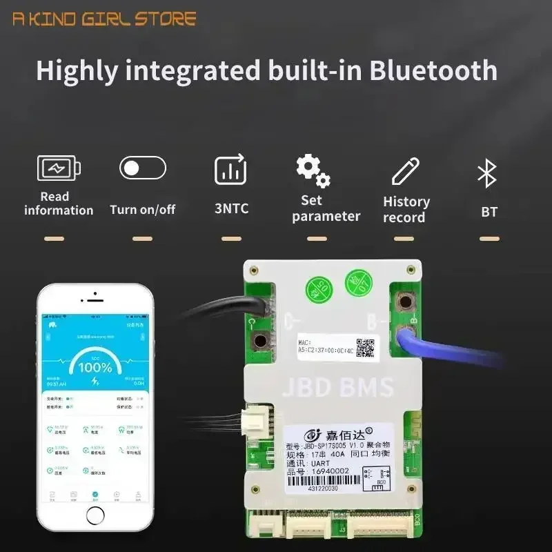 5Pcs/set JBD Bluetooth Smart BMS 7S to 17S 10S 13S Lithium Battery Protection Board 24V 36V 48V 52V 60V Li-ion Lipo 20A 40A 60A