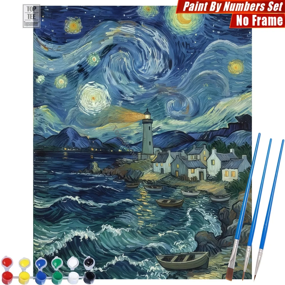 

Swirling Coastal Scene Paints By Numbers Set - Lighthouse Expressive Houses Home Decor Halloween Gift For Dad