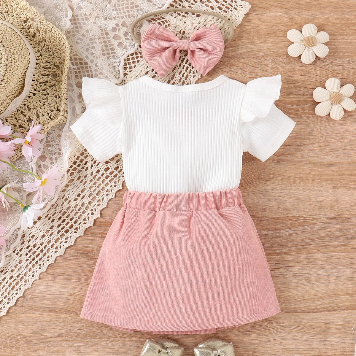 PatPat 3pcs Baby Girl 95% Cotton Ribbed Ruffle Short-sleeve Tee and Bow Front Skirt & Headband Set Basic Style