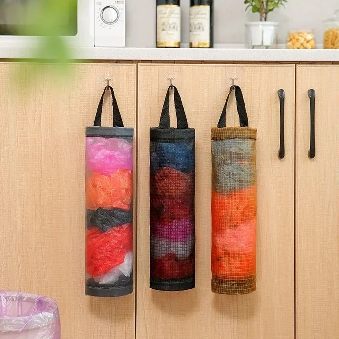 

Plastic Bag Holder Dispenser Hanging Storage Trash Garbage Bag Kitchen Garbage Organizer Home Grocery Bag Holder Wall Mount