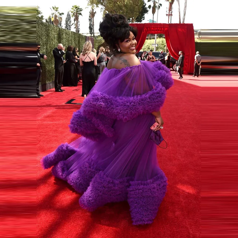 فساتين سهرة أرجوانية مقاس كبير قبالة الكتف وأكمام منتفخة فستان حفلة موسيقية متدرج توتو تول فساتين السجادة الحمراء #2