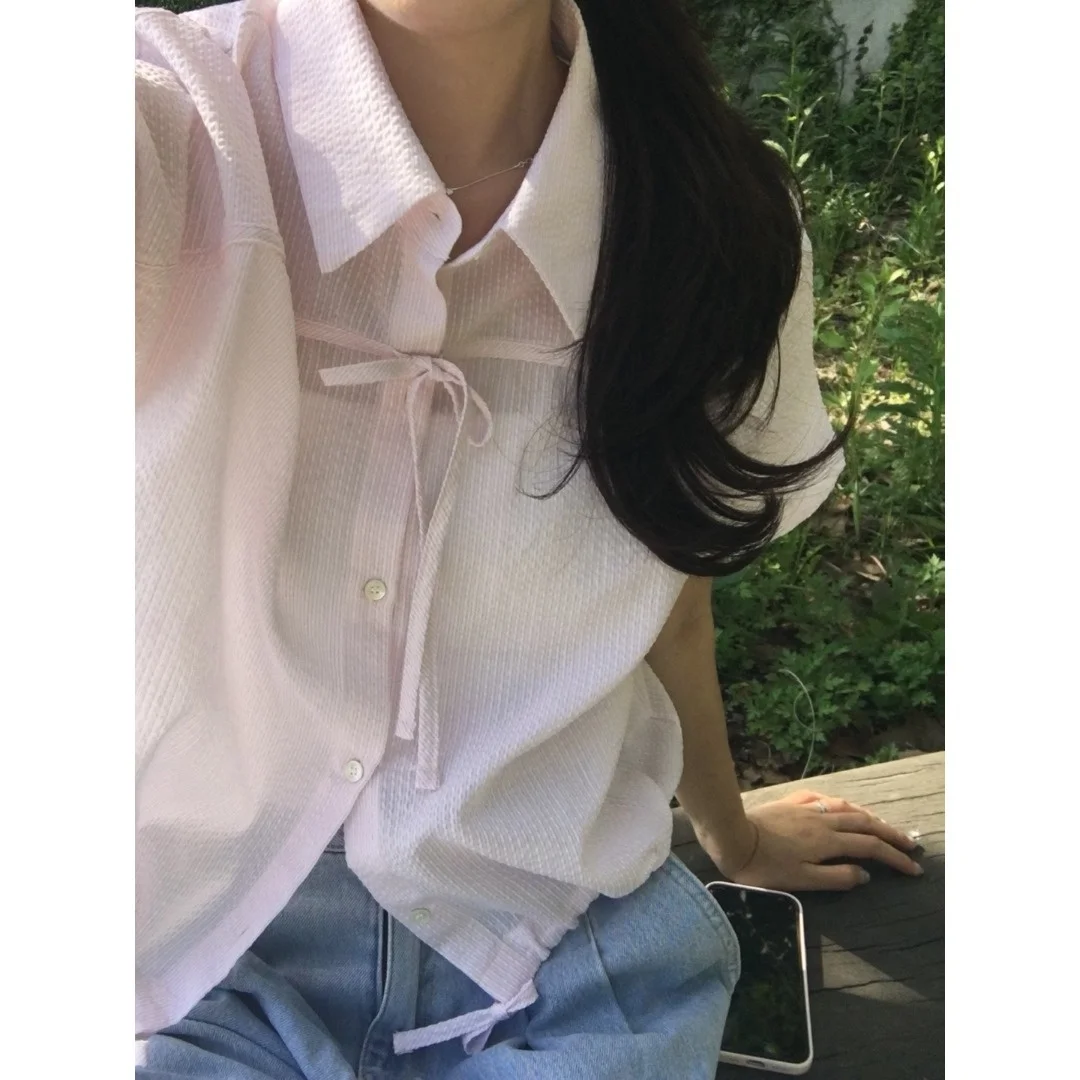 Zomer Bubble Stripe Single Button ort Sve irt Strikje Koreaanse Sle Dames Faion Lente Herfst Winter Vrijetijdskleding