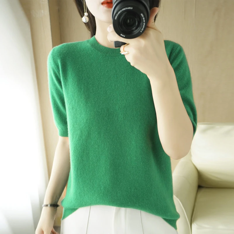 Spring Autumn Fashion New Cashmere Sweater Women Knitted Short Sleeve Pullover Women Sweter O-Neck Korean Version Loose Tops