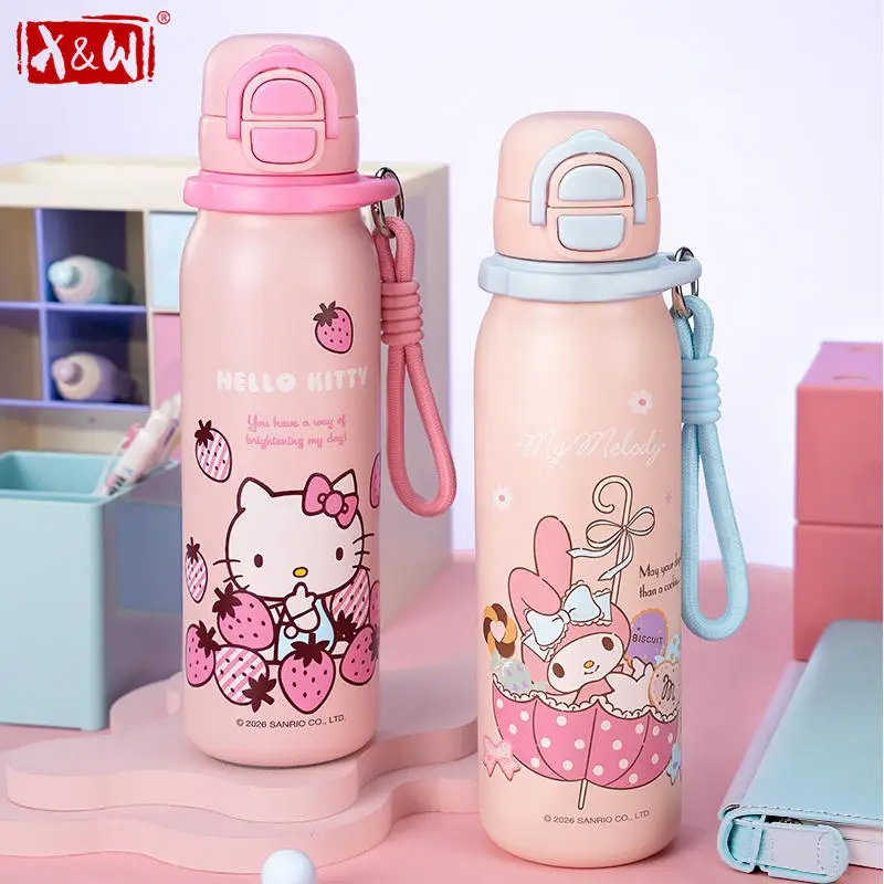 X&W Sanrio Kids Thermal Flask 316L Stainless Steel Dual Drinking Insulated Water Bottle with Straw Portable Leakproof Water Cup