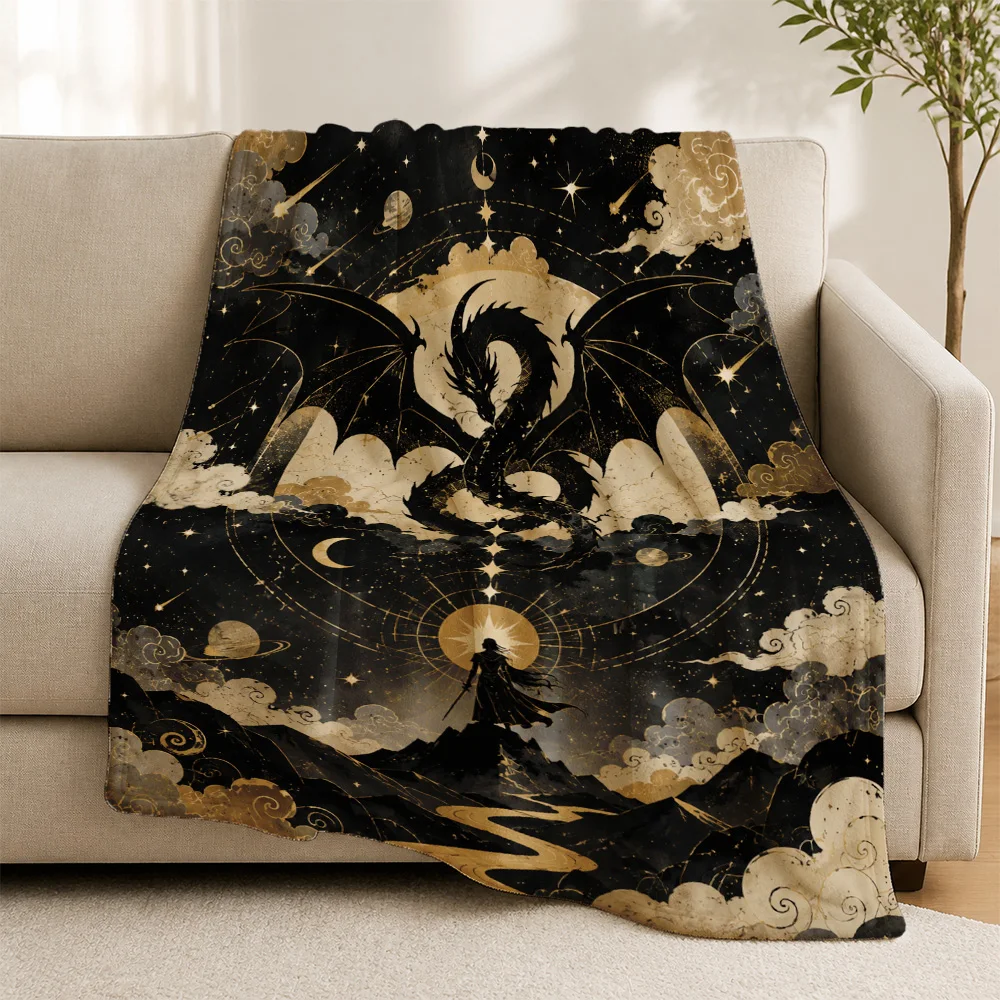 Luxury Cosmic Zodiac Astrology Throw Blanket Dark Celestial Dragon Constellation Galaxy Night Art Sofa Decor