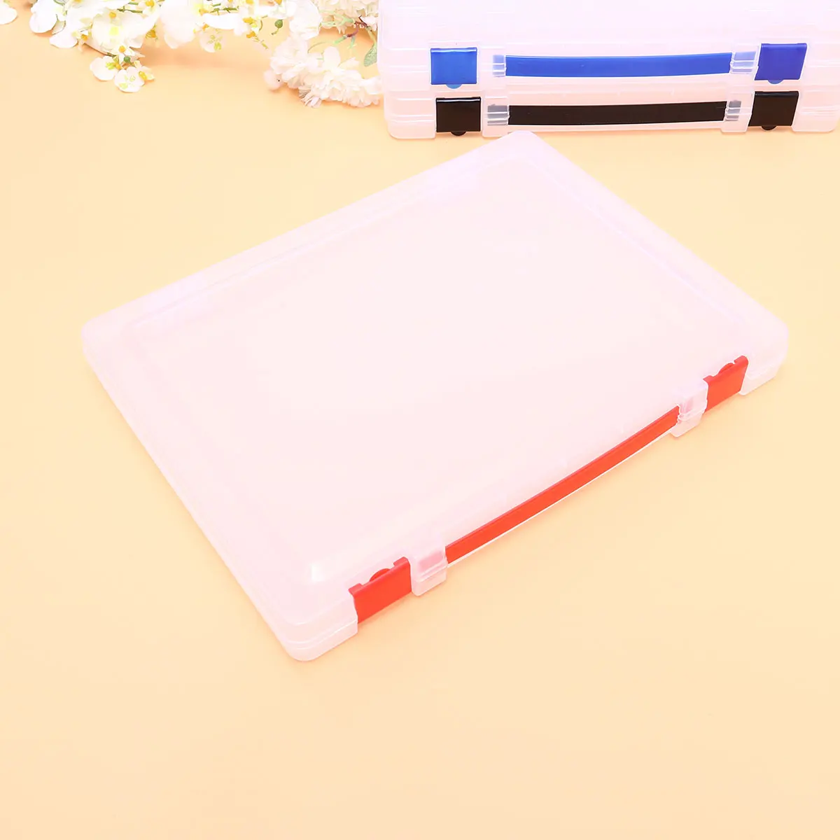 Transparent Storage Box Clear Document File Case Portable Ducoment Holder Red Buckle Stackable Lightweight Home Office Bedroom