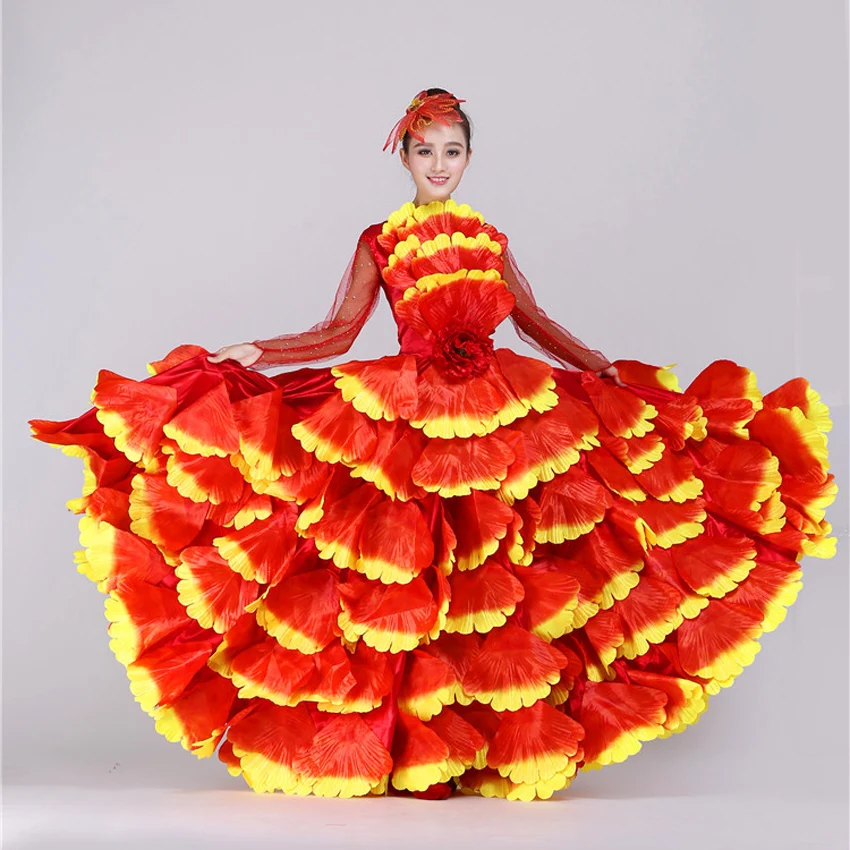 360องศา/หลา Plus ขนาดผู้หญิงสเปน Flamenco ชุดกลีบดอกไม้ Maxi ยิปซีสาวเวทีงานฝีมือเปิดเครื่องแต่งกายเต้นรำ