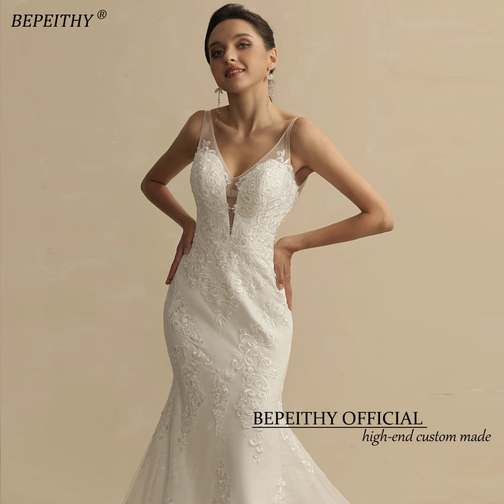 BEPEITHY Customized Real Image Mermaid Lace Wedding Dress For Women Court Train Sleeveless V Neck Open Back Vintage Bridal Gown