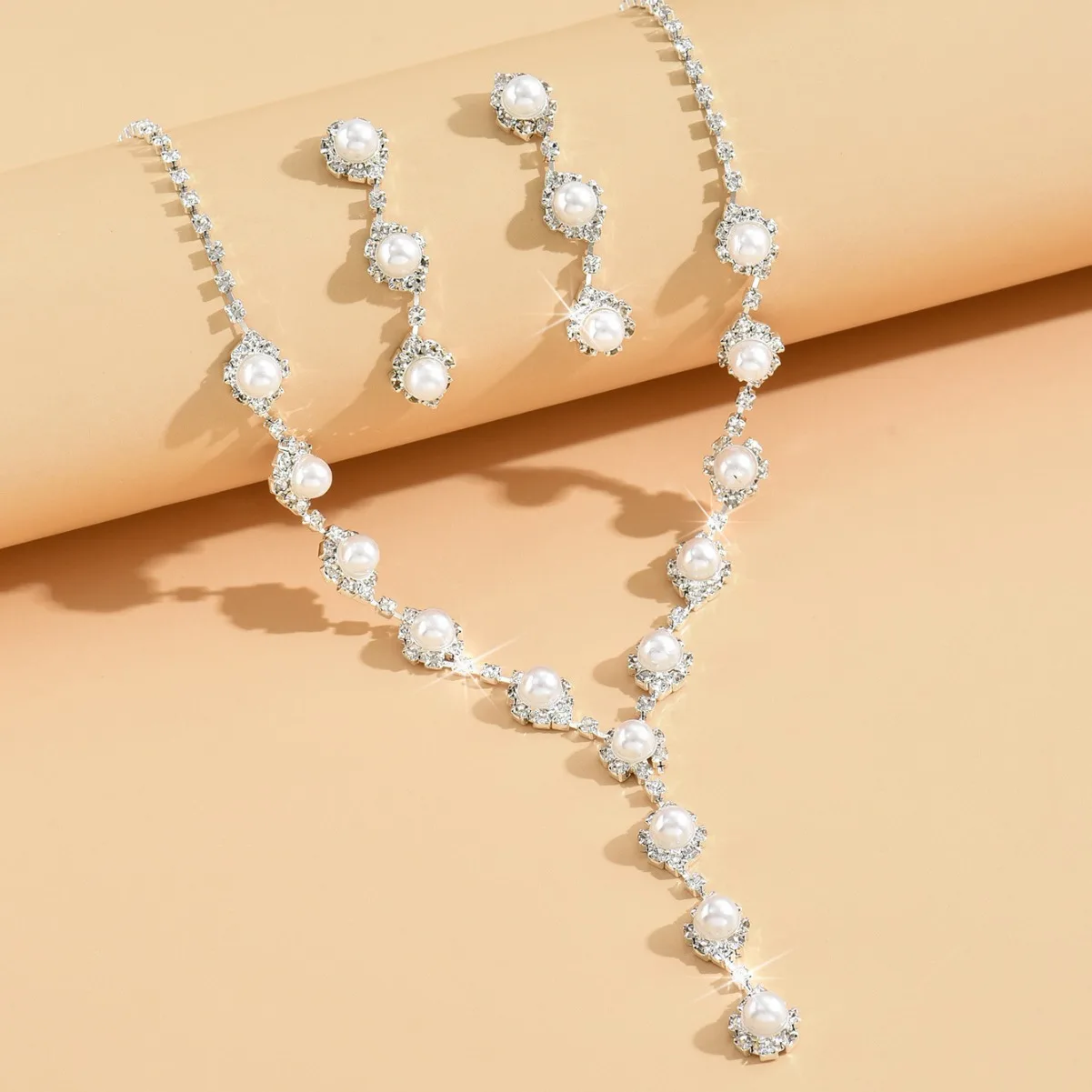 TREAZY Trendy Faux Pearl Crystal Bridal Jewelry for Women Long Drop Choker Necklace Earrings Sets Fashion Wedding Jewelry Sets