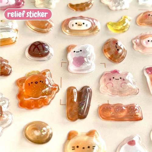 1 unidad de pegatinas Kawaii de gelatina de dibujos animados en relieve 3D, pegatinas de cristal divertidas y bonitas para niños DIY para álbum de recortes, diario, planificador, decoración de papelería