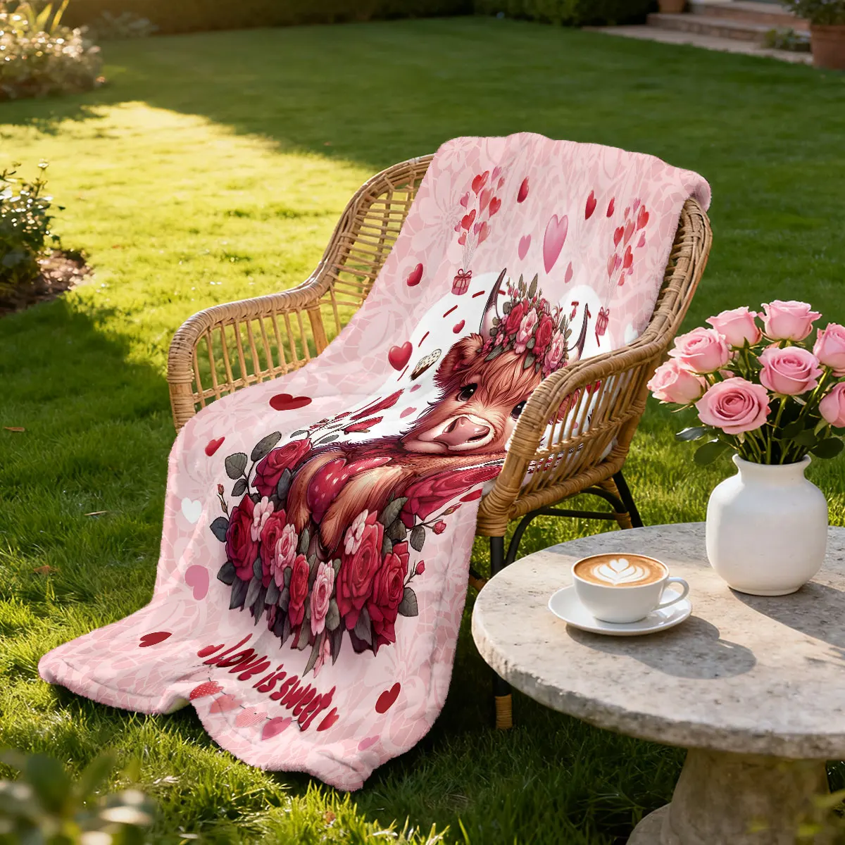 قطعة واحدة من بطانية الفانيلا المطبوعة على شكل بقرة مرتفعة لعيد الحب الوردي بأحجام مختلفة، بطانية ترفيهية مريحة وقيلولة قابلة للغسل في الغسالة