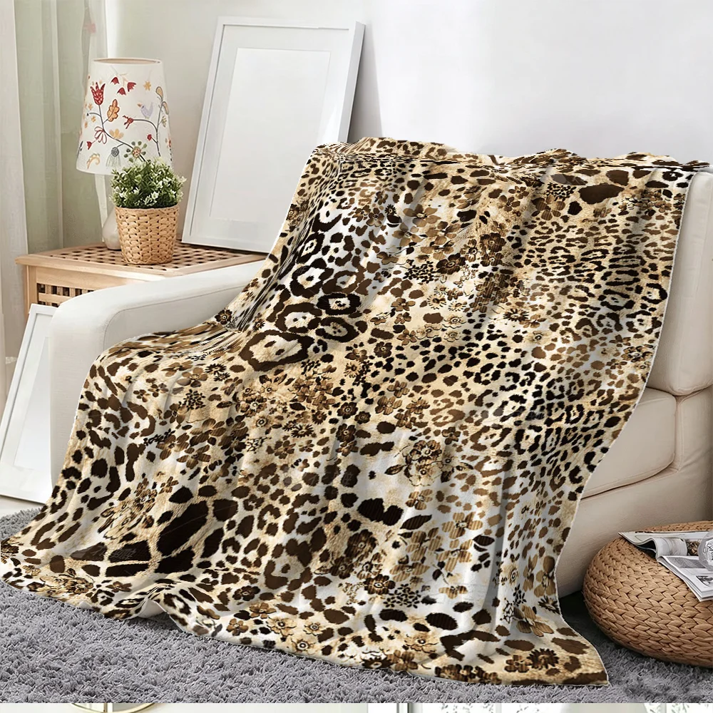 Leopard Print Floral Soft Flannel Blanket Brown Beige Wild Animal Pattern Warm Throw Quilt Bed Sofa Decor