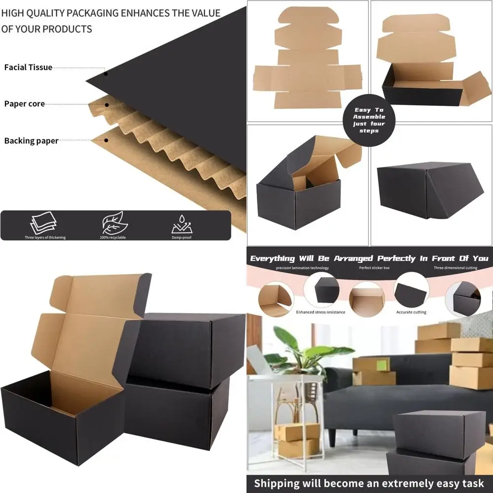 

Прочные черные картонные коробки для доставки 12x9x4 с защитой от ударов и элегантными этикетками для электронной коммерции и транспортировки