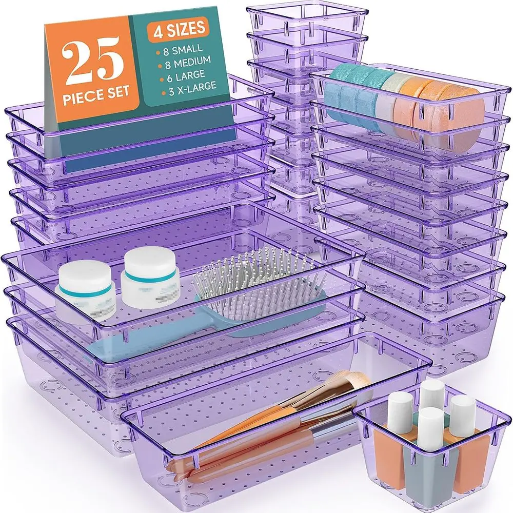 

25 PCS Plastic Drawer Organizer Set, Desk Drawer Divider Organizers and Storage Bins for Makeup, Jewelry, Gadgets for Kitchen, B