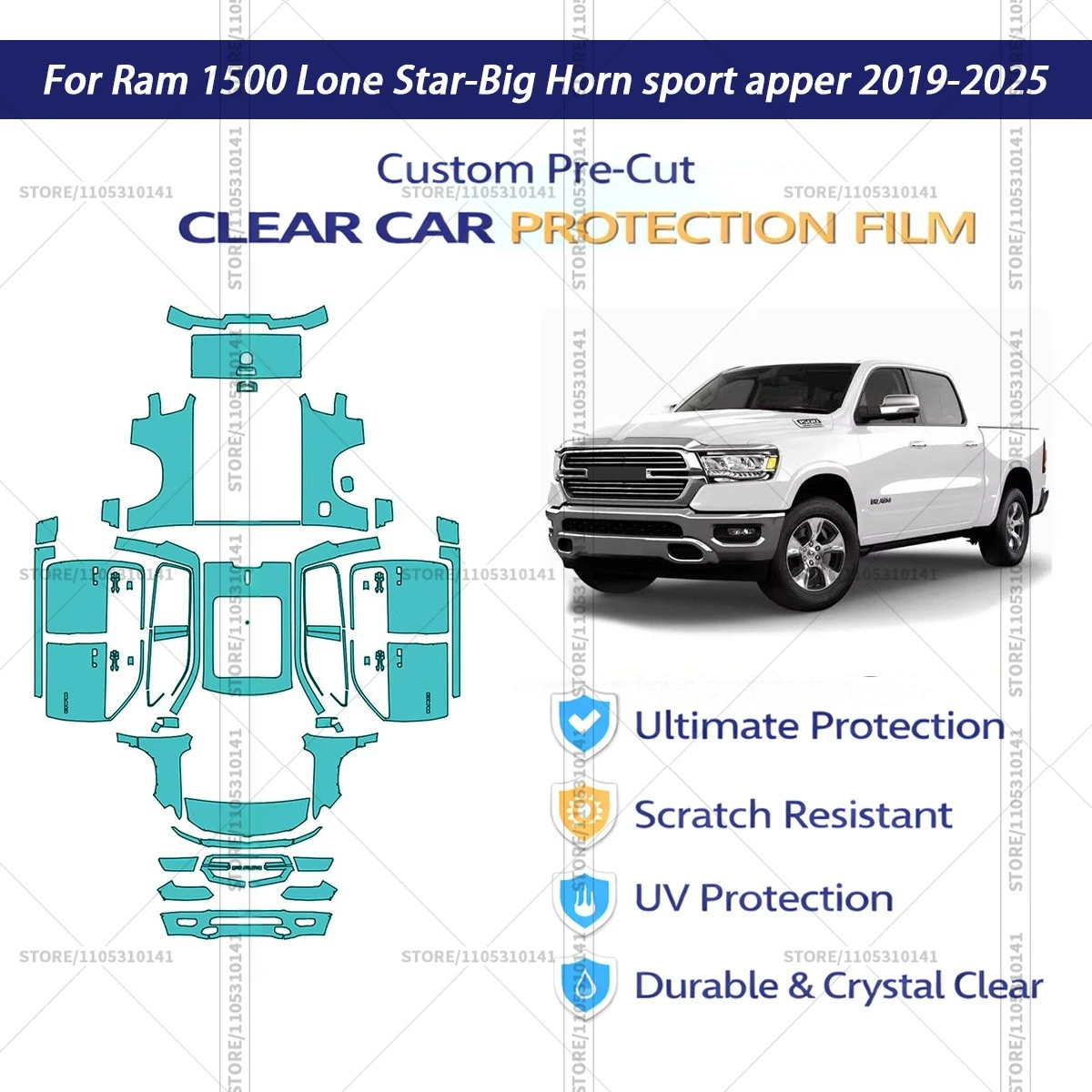 

Защитная пленка PPF для Ram-1500 Lone Star Big Horn Sport 2019-2025, предварительно вырезанная, прозрачная, автомобильная пленка PPF
