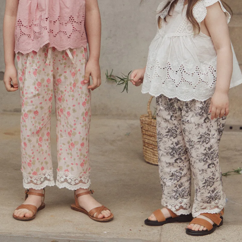 Pantalones antimosquitos para niña, pantalón coreano pequeño con cordones florales, antimosquitos, verano 2024