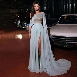 Custom Made Light Blue Glitter Prom Dresses One Shoulder A-Line Side Slit Beaded Evening Dress Saudi Arabia Party Gowns