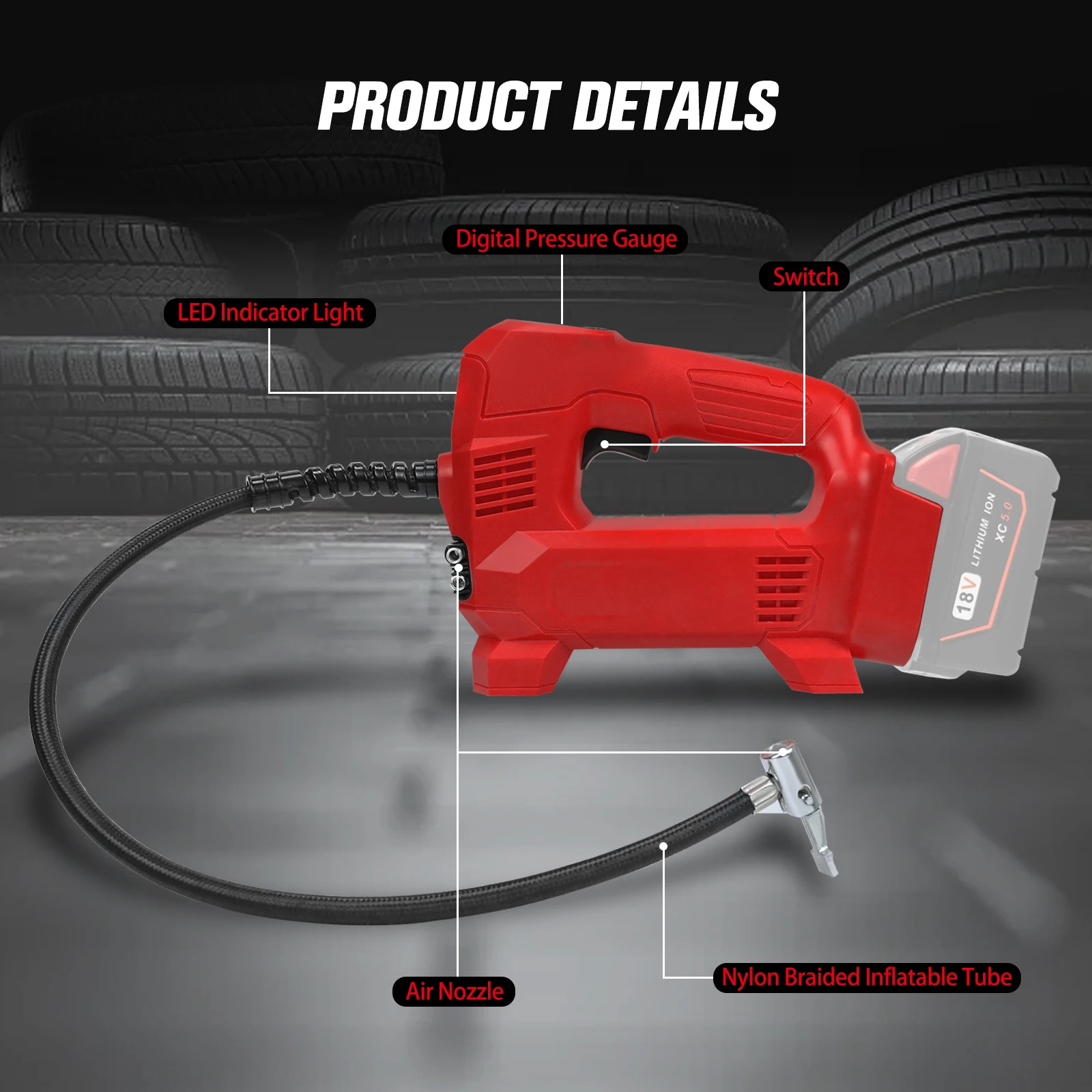 Imagem -02 - Inflator Pneu Elétrico Portátil Compressor de ar com Medidor de Pressão Digital Lcd Bomba de ar Milwaukee 18v Bateria sem Bateria