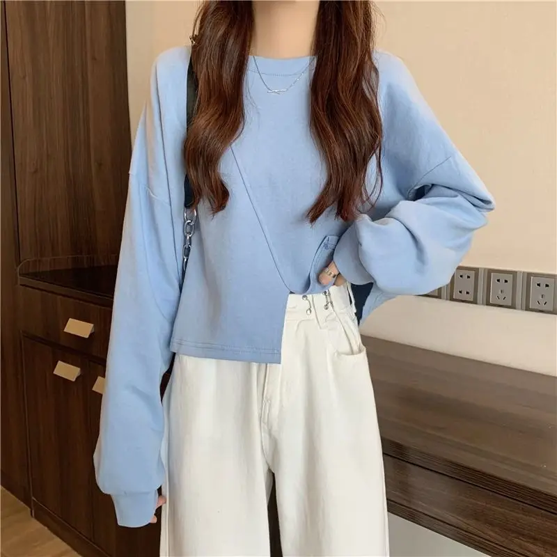 

Slit Hem Irregular All-match Korean Tops Long Sleeve Solid Simplicity Casual T Shirts Spring Autumn Fashion Korean Women Clothes